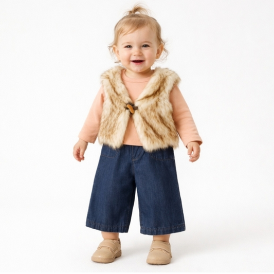 Max Studio 3Pc Girl Tan Faux Fur Vest and Denim Set 24 months