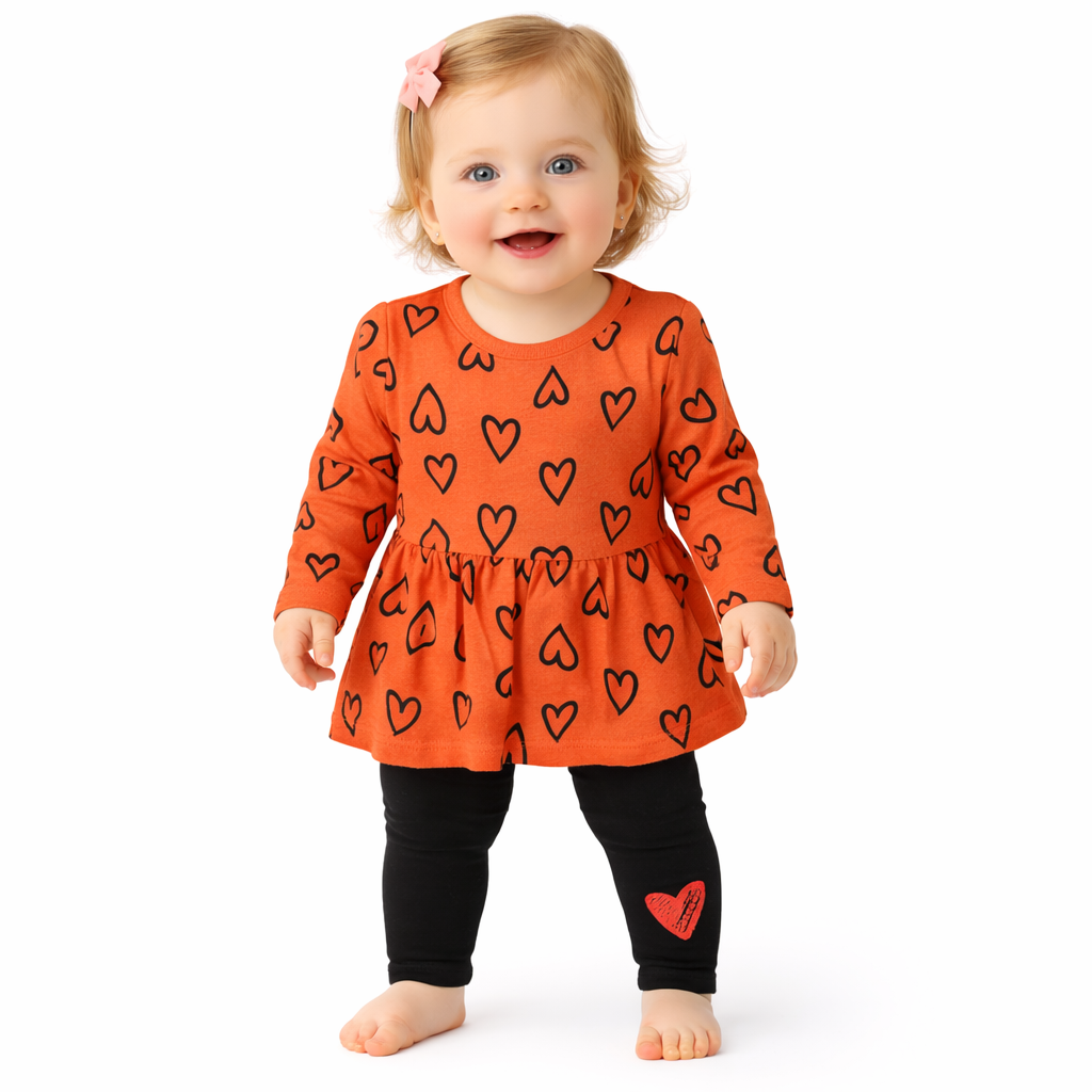 Red Heart Print Top and Black Leggings Set