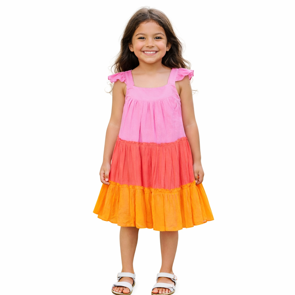 Rare editions Little Girls Colorblock Flutter Sleeve Tiered Gauze Dress