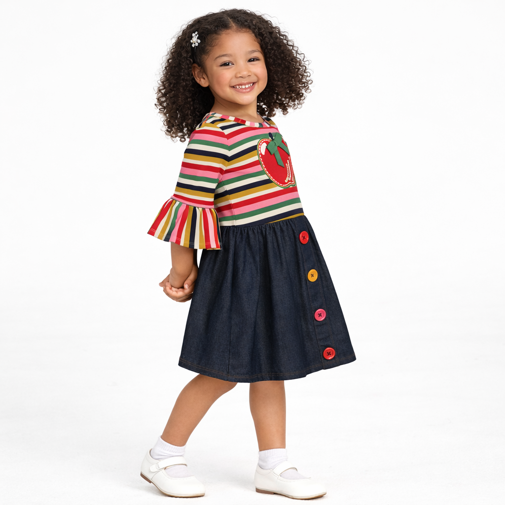 Bonnie Jean Apple-Applique Striped & Denim Dress -