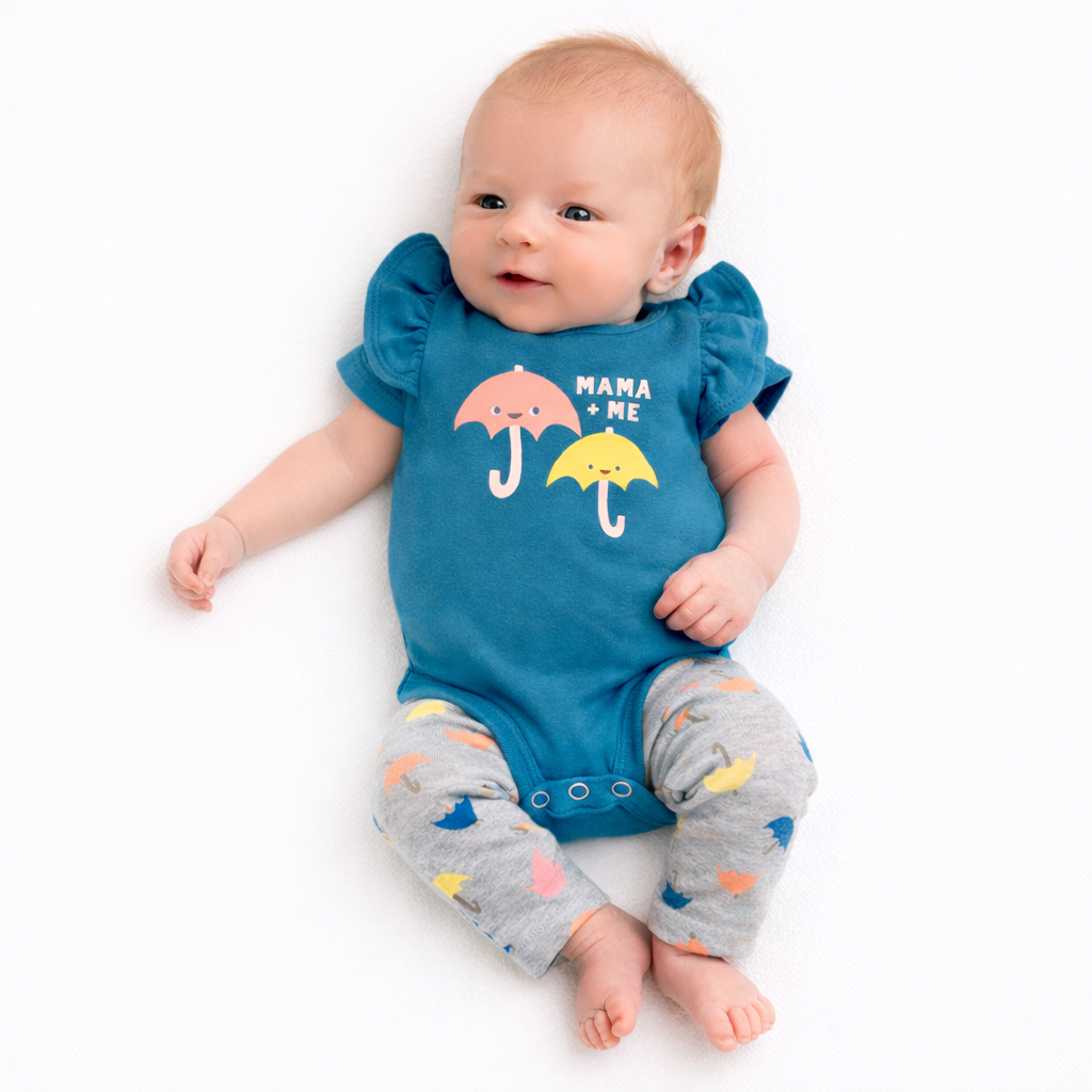 Okie dokie baby girl Blue Onesie with Umbrella Design Set