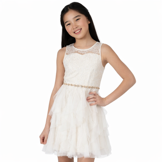 Rare Editions Foil Lace Cascade Social Dress - Ivory