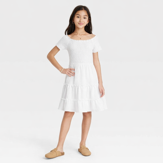 Girls' Short Sleeve Off-Shoulder Smocked Tiered Dress art class White