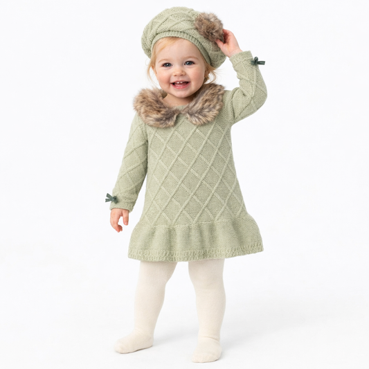 Tahari Green Knit Dress with Faux Fur Collar