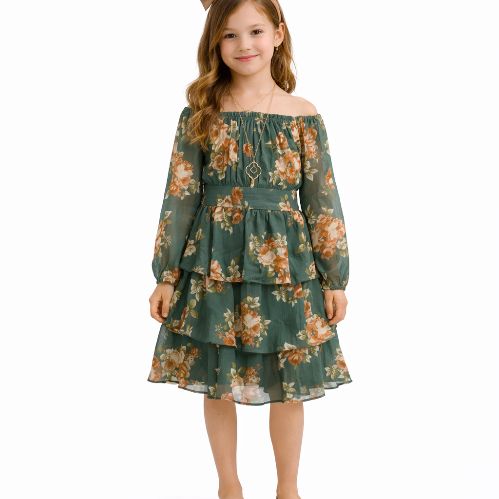 Rare Editions Tiered Chiffon Dress with Hair Tie and Necklace, 3-Pieces - Olive