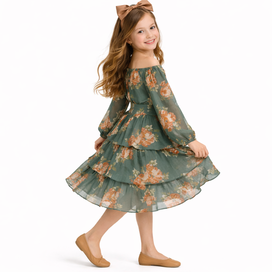 Rare Editions Tiered Chiffon Dress with Hair Tie and Necklace, 3-Pieces - Olive