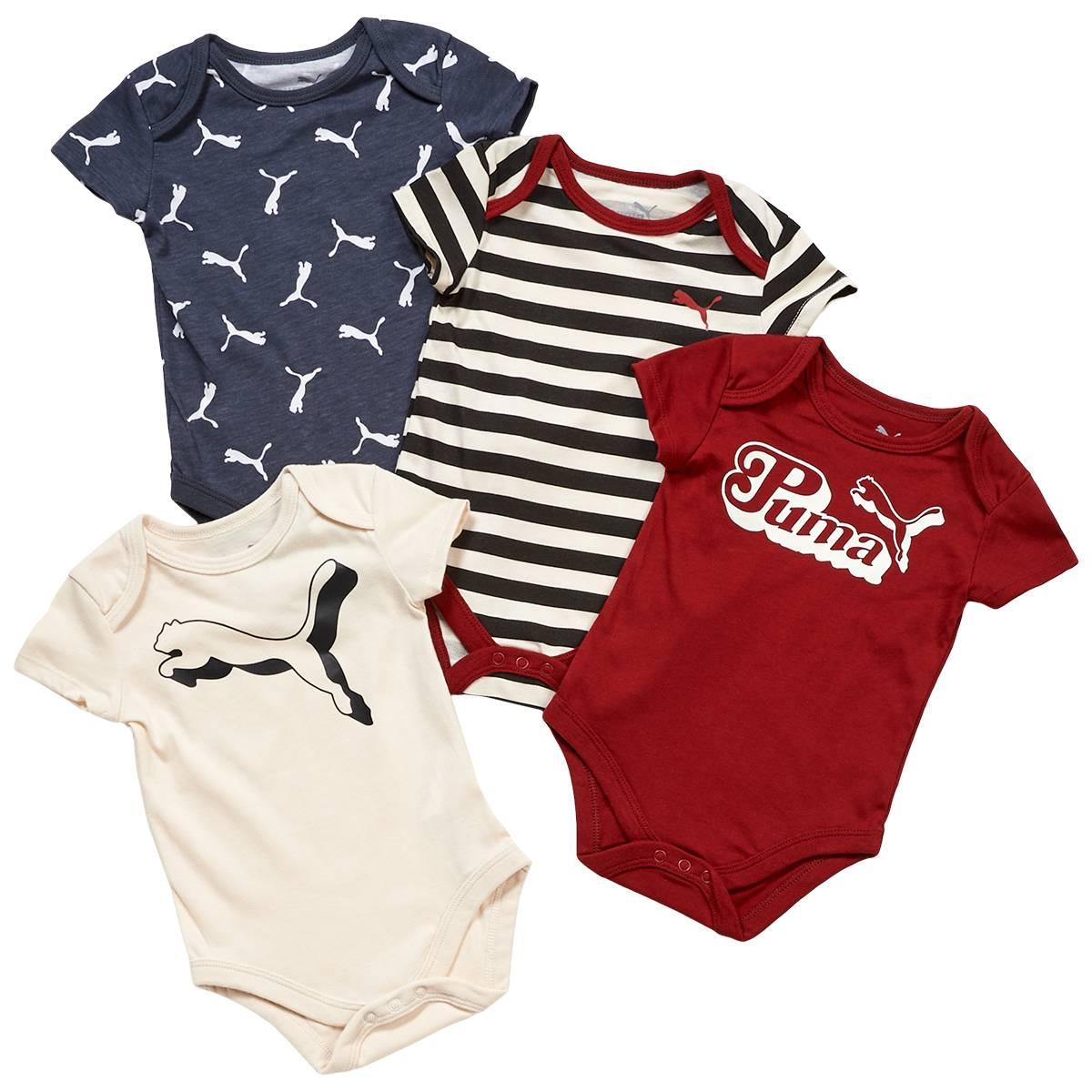 Puma Baby Boy Bodysuit Set 4-Pack, Solid Stripe & Emblem 3-6M