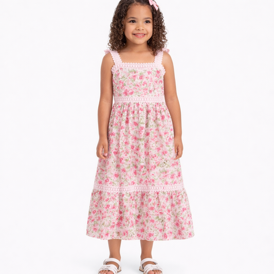 Rare Editions Big Girls Floral and Crochet Trim Maxi Dress - Pink