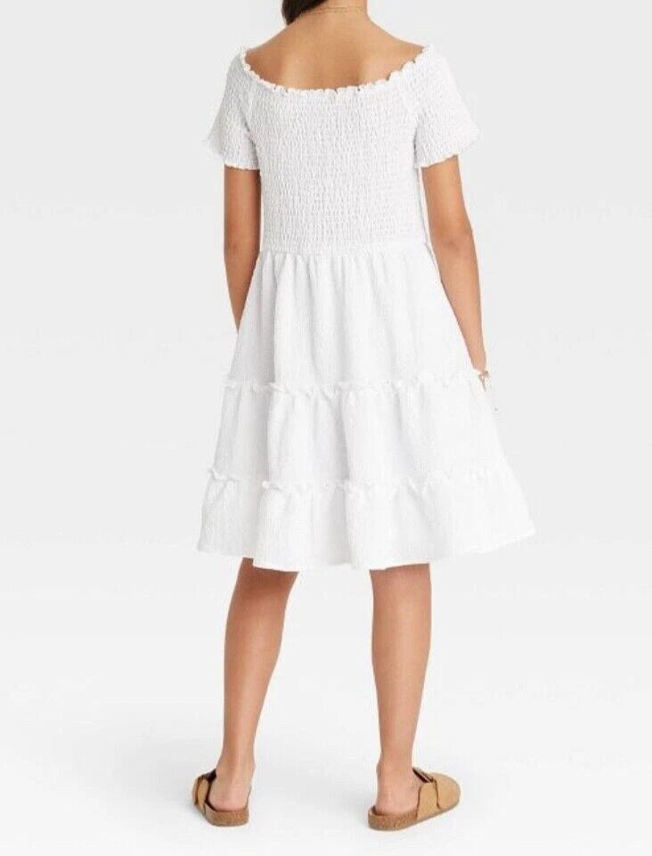 Girls' Short Sleeve Off-Shoulder Smocked Tiered Dress art class White