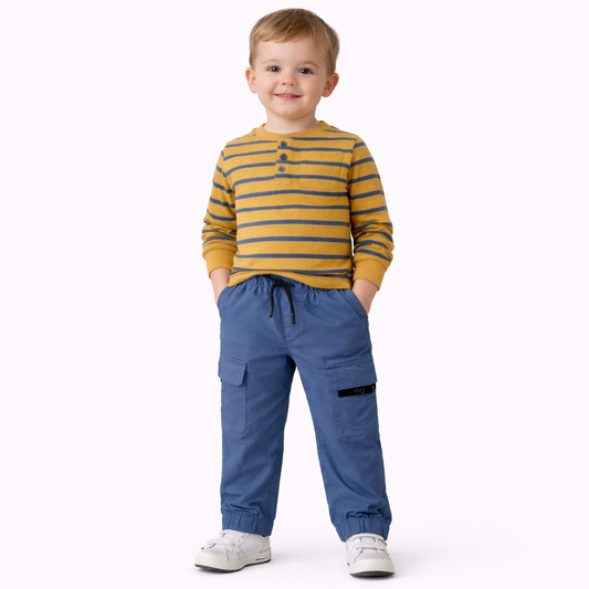 Cat & Jack  2pc Set Striped Yellow and Blue Henley Shirt with Blue Cargo Pants