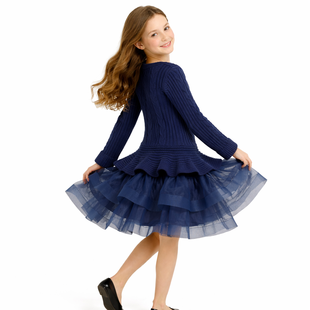 Bonnie Jean Long Sleeved Cable Knit Sweater Dress - Navy