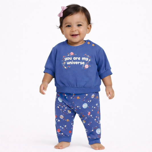 Infant Girls Blue Planets & Stars Universe Pants & Sweatshirt Set