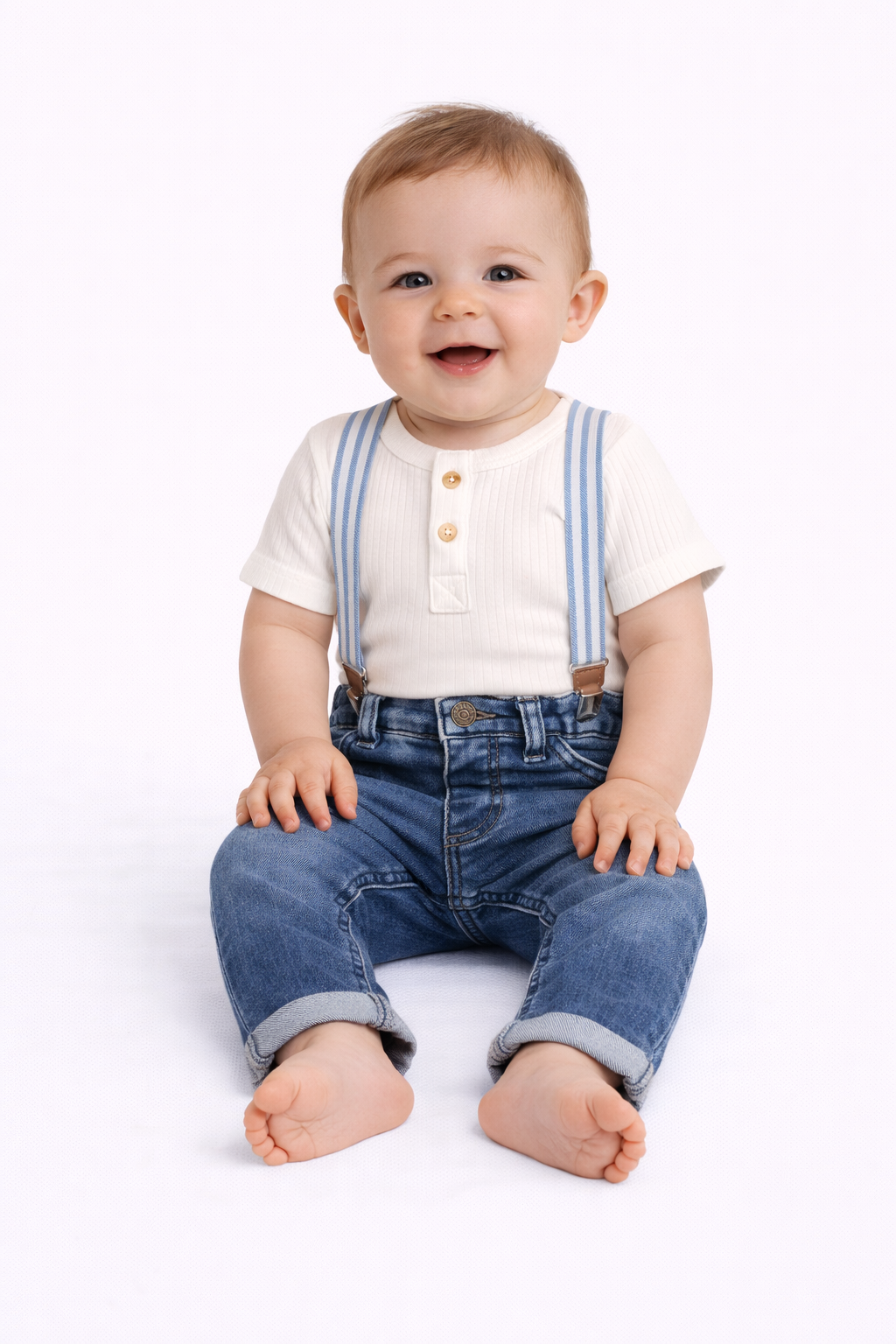 Baby Boys' Denim Suspender Set - Cat & Jack™ Cream 12M: Elastic Strap, Crotch Snap, Midweight Fabric