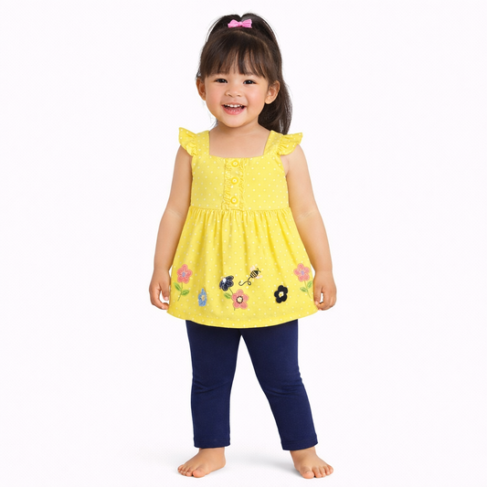 Kids Headquarters Toddler Girls Ruffle-Trim Popcorn Knit Tunic Capri Leggings Set - Yellow, Navy