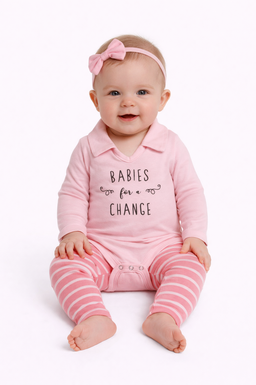 Hanes Ultimate Baby Knit Pant and Long Sleeve Polo Bodysuit 2-Piece Set Pink Stripe Fun 0-6M Girl