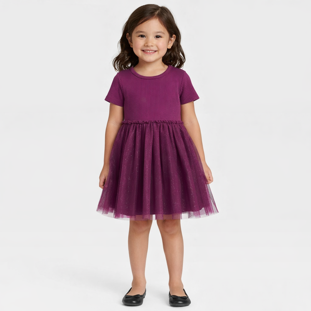 Epic Threads Girls Short-Sleeve Ribbed Glitter-Tulle Dress Purple
