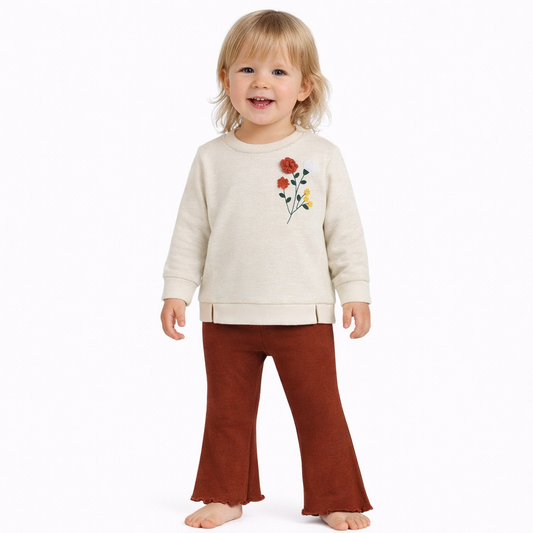 Kids Headquarters Toddler and Little Girls Oversized French Terry Lurex Crewneck Flare Leg Ribbed Leggings - Egret/Rio Red