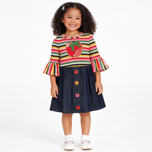Bonnie Jean Apple-Applique Striped & Denim Dress -