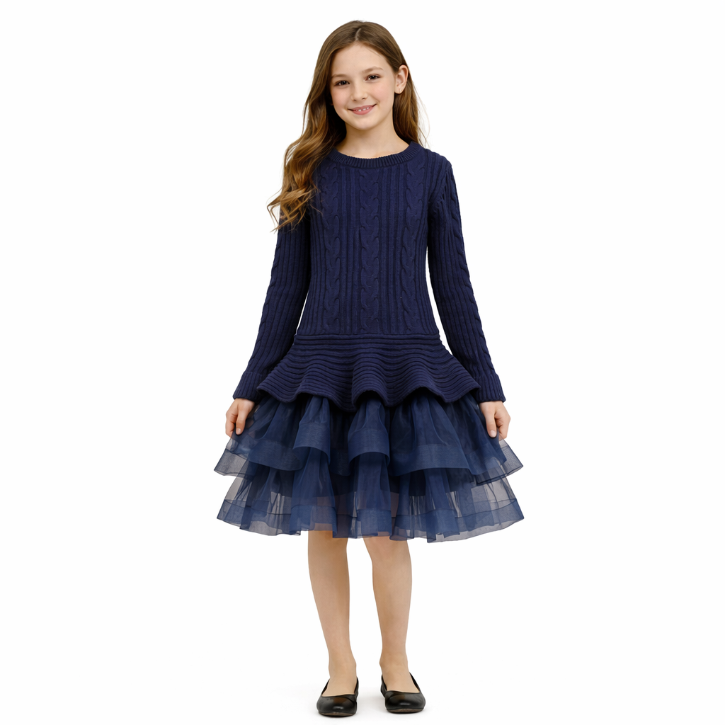 Bonnie Jean Long Sleeved Cable Knit Sweater Dress - Navy