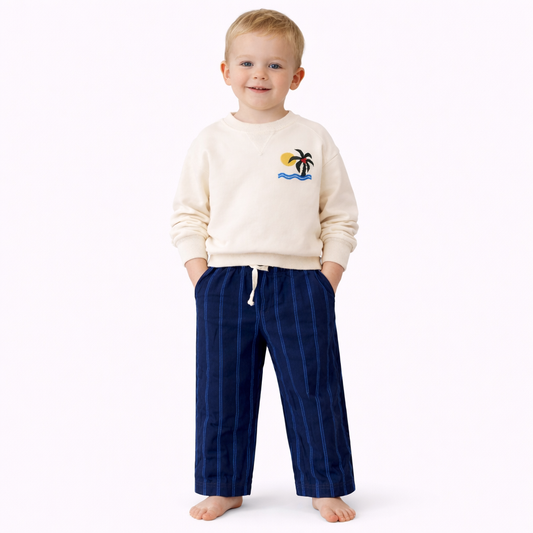 Grayson mini 2pc Set  Cream Sweatshirt with Palm Tree Design and Striped Pants