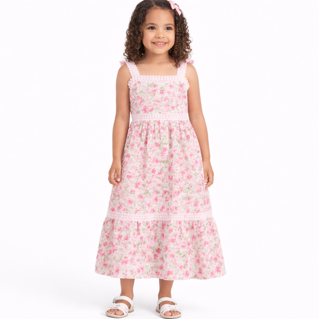 Rare Editions Big Girls Floral and Crochet Trim Maxi Dress - Pink - Size 8