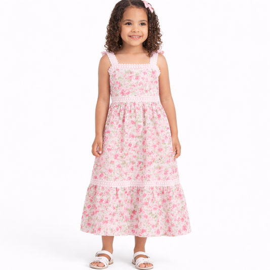 Rare Editions Big Girls Floral and Crochet Trim Maxi Dress - Pink - Size 8