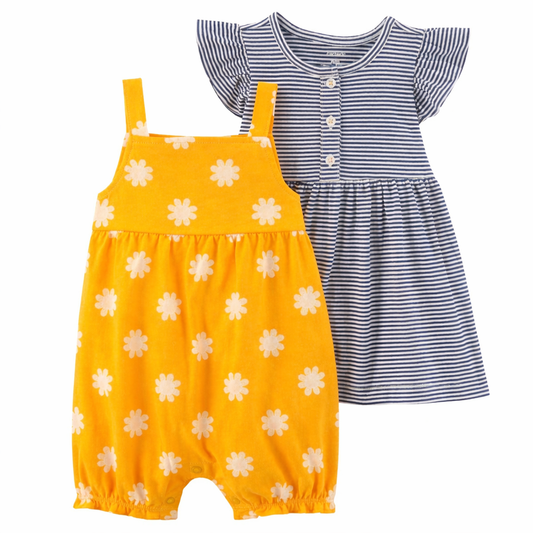 Carter S Girls Toddler 2 Piece Cotton Bodysuit Dress Set Blue Stripe/Gold Floral
