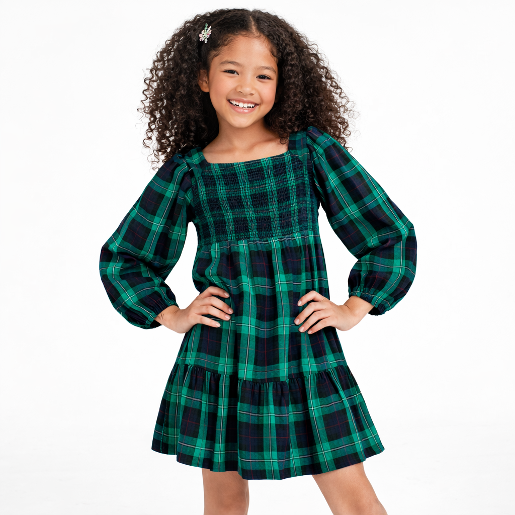 Levi's Long Sleeve Smocked Top Plaid Dress - Sporting Green