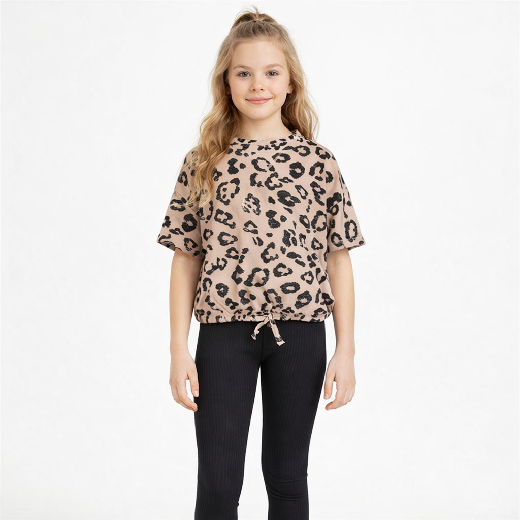 Girl's 2 Piece French Terry Printed Top & Leggings Set, Kids - Leopard