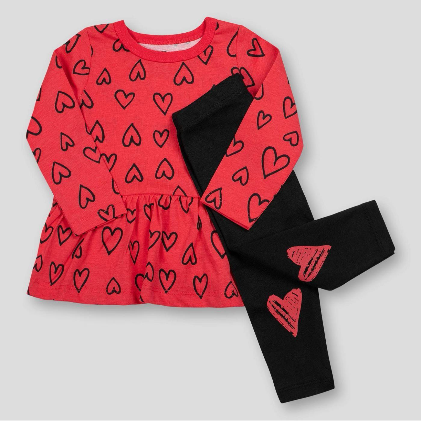 Red Heart Print Top and Black Leggings Set