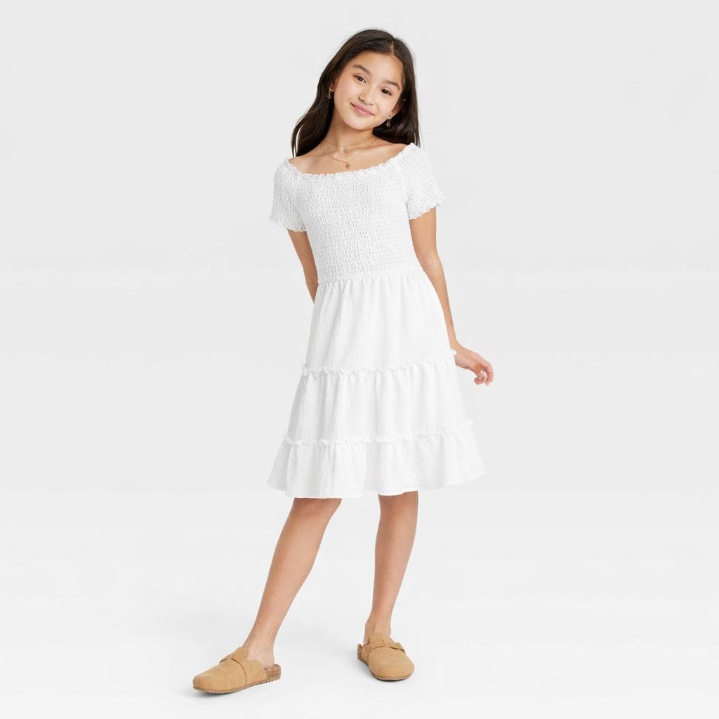 Girls' Short Sleeve Off-Shoulder Smocked Tiered Dress art class White